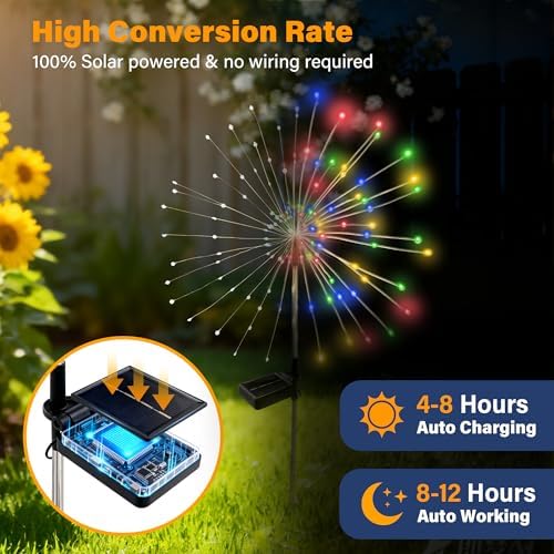 Solar Garden Lights Outdoor Decorative, 2pack 120 LED Firework Lights Waterproof，Solar Fairy Lights for Outside,Garden,Yard, Patio,Pathway,Flowerbed,Party(Multicolor) - Image 7