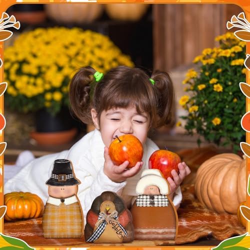 Colingmill 3 Pcs Thanksgiving Table Decor Wooden Turkey Pilgrim Couple - Image 2