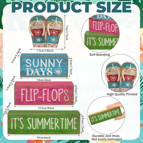 Lineshading 4 Pcs Flip Flop Beach Summer Wooden Block Signs Table Decor - Image 5
