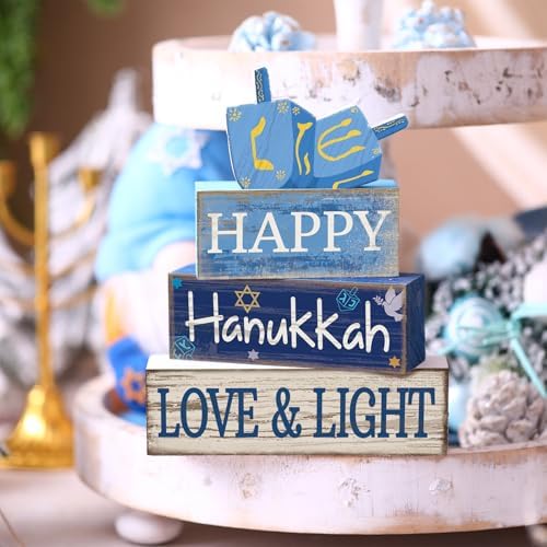 Lineshading 4 Pcs Wooden Hanukkah Decor Farmhouse Blocks with Dreidel - Image 2