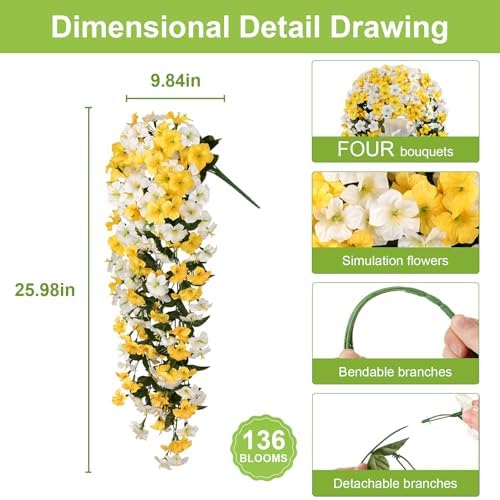 Artificial Hanging Flowers for Outdoors, 4 PCS 544 Blooms UV Resistant Morning Glory Faux Silk Vines, No-Odor Realistic Fake Plants for Garden Planter Porch Patio Decoration, Yellow White - Image 4