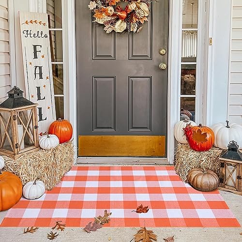 Fall Plaid Area Rug 3x5 Ft, Orange and White Buffalo Check Large Farmhouse Cotton Rug, Hand-Woven Washable Indoor Outdoor Carpet for Halloween Thanksgiving Autumn Porch Patio Decor by Ckorzen
