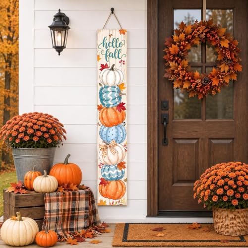 Fall Welcome Porch Sign, Wooden, 47.2", Front Door, Stacked Pumpkin by TOMPOP