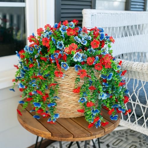 Artificial Faux Hanging Flowers Plants for Spring Outdoor Outside Decoration, 2 PCS Fake Silk Daisy with Eucalyptus UV Resistant Realistic Trailing Vines for Balcony Patio Porch (BlueRed) - Image 6