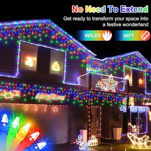 Christmas Icicle Lights Outdoor 66FT 490 LED Drops Multicolor - Image 2