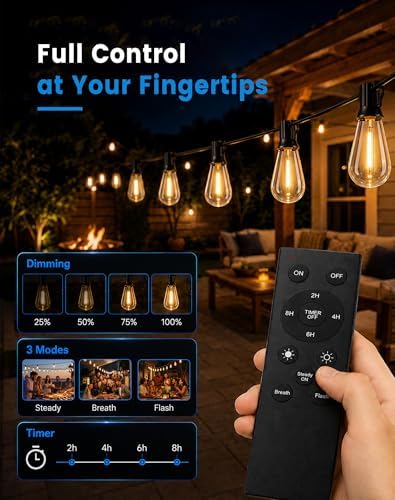 60FT(50+10) Outdoor String Lights, 2FT Spacing 25 LED Edison Bulbs, Waterproof, Shatterproof, Dimmable, Warm White, 3 Modes, Timer, Plug in Hanging Backyard Lights for Outside, Patio - Image 3