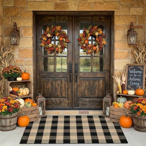 Fall Decor Buffalo Plaid Outdoor Rug 3x5 Ft Coffee and Black Checkered Area Rug Washable Doormats Indoor Outdoor Rugs for Porch Layered Front Door Mats, Entryway, Kitchen, Farmhouse - Image 3