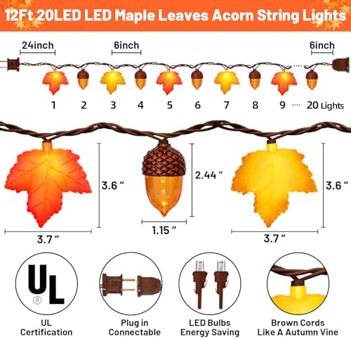12Ft 20LED Fall Lights - Maple Leaf Acorn String Lights Waterproof, Plug in LED Fall String Lights Indoor Outdoor with Orange Yellow Leaf & Acorn for Home Gathering Autumn Thanksgiving Harvest Decor - Image 4