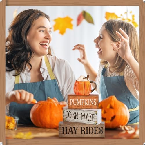 Lineshading 4 Pcs Fall Tiered Tray Decor, Wooden Pumpkin Farmhouse Signs - Image 6