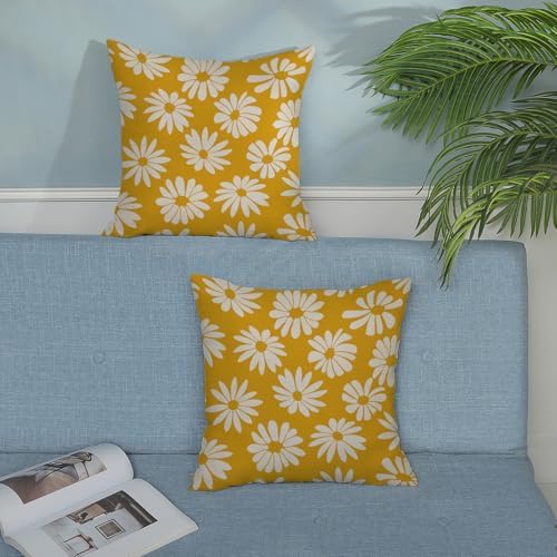 Mustard Yellow Pillow Covers 16x16 Inch 2 Pcs Daisy Floral Summer Outdoor Decor Throw Pillows Spring Flower Farmhouse Holiday Decoration Pillowcase Linen Cushion Cover for Couch Sofa Bed - Image 3