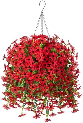 INXUGAO Artificial Hanging Flowers Plants with Basket for Outdoors, Realistic Faux Silk Daisy Flower Eucalyptus for Spring Decor, UV Resistant Fake Plants for Porch Patio Yard Balcony (Red) by INXUGAOArtificialFlowers