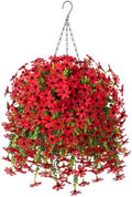 INXUGAO Artificial Hanging Flowers Plants with Basket for Outdoors, Realistic Faux Silk Daisy Flower Eucalyptus for Spring Decor, UV Resistant Fake Plants for Porch Patio Yard Balcony (Red) by INXUGAOArtificialFlowers