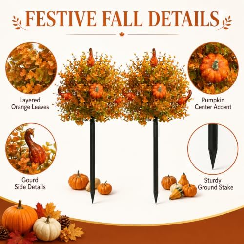 2 Pack Fall Pumpkin Topiary Trees with Stakes, 22 Inch (Orange) - Image 4