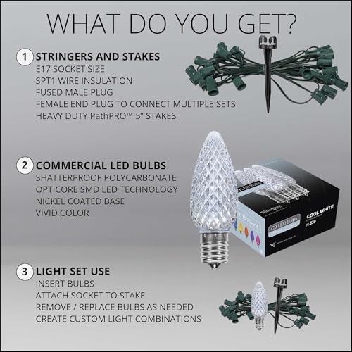 Wintergreen Lighting 50’ OptiCore LED Cool White Christmas Pathway Lights, C9 Outdoor White Christmas Lights, 4.5” Stakes, Green Wire Plug String Lights - Image 6