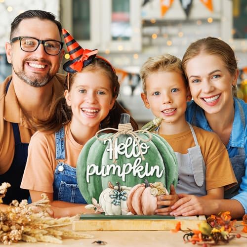 Soaoo Thanksgiving Decoration Wooden Fall Hello Pumpkin Sign Autumn Pumpkin Table Decor 11 Inch Wooden Autumn Desktop Ornament for Thanksgiving Harvest Day Farmhouse Home Living Room (Green, Classic) - Image 6