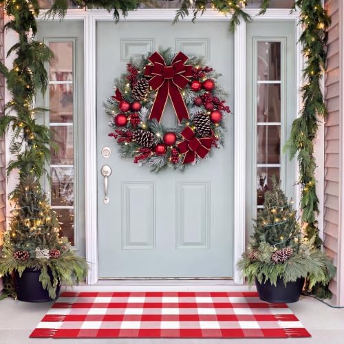 Breling Christmas Outdoor Rug 28" x 43" Red and White Buffalo Plaid Door Mat with Tassels Christmas Home Decor Soft Hand Woven Cotton Bathroom Rug Washable Layered Doormats for Front Porch Entryway - Image 5