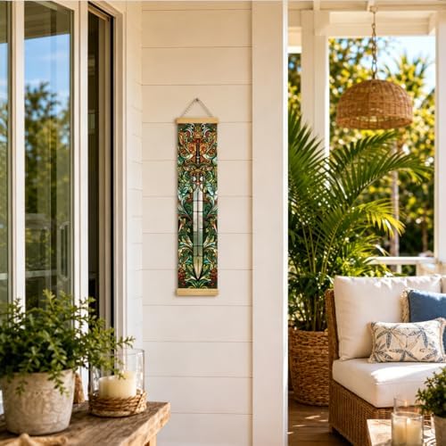 Stained Glass Sword Porch Decor Banner, 31.5 x 7.8 Inch Canvas Hanging Banner with Wooden Rods, Gothic Fantasy Wall Accent for Entryway, Game Room, Patio, Indoor Outdoor Display - Image 6