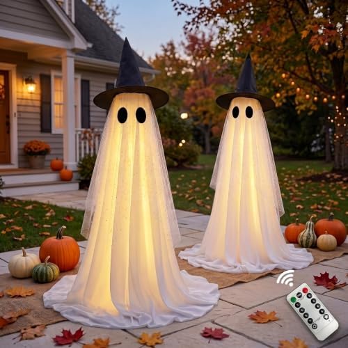 Halloween Decorations Outdoor, Spooky Ghost Halloween Decor with Witch Hat - Image 3