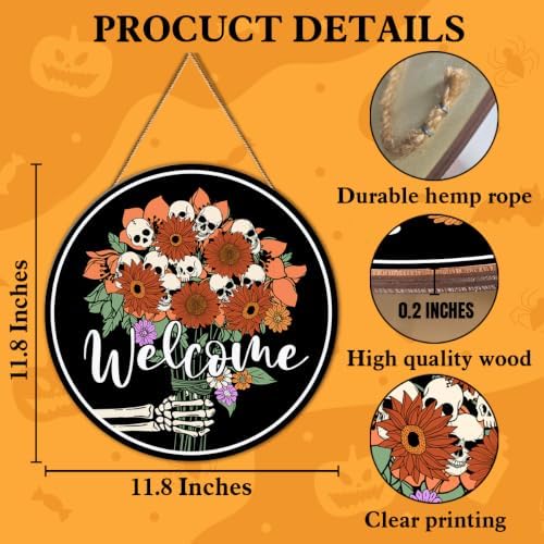 Halloween Welcome Sign Skull Flower Skeleton Gothic Spooky Halloween Door Decorations Wooden Hanger for Front Door Porch Wall Indoor Home Office Decor - Image 2