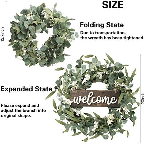 Sggvecsy Green Eucalyptus Wreath with Welcome Sign 20in Artificial Spring Summer White Berries for Front Door Wall Window Festival Farmhouse Porch Patio Garden Decor, White,green - Image 5