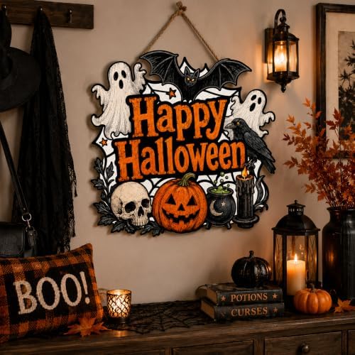 Halloween Door Decoration Sign, Halloween Pumpkin Bat Witch Wreath Front Door Hanger, Spooky Wooden Sign for Indoor Outdoor Yard, Home Decorations - Image 4