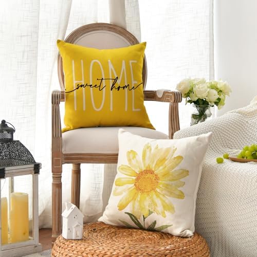AVOIN colorlife Home Sweet Home Spring Summer Flowers Yellow Throw Pillow Covers, 20 x 20 Inch Cushion Case for Sofa Couch Set of 4 - Image 3