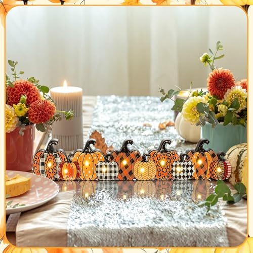 Yousoontic Fall Pumpkin Decor, LED Lighted Fall Table Centerpieces, Retro Plaid Leopard Wooden Pumpkin Sign Decorations 3D Block Farmhouse Decor for Autumn Harvest Thanksgiving Home Mantel Party - Image 5