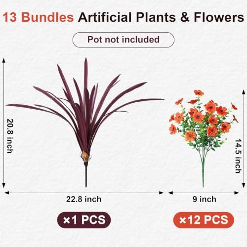 Fall Flowers Artificial Mums for Outdoors Autumn Decor, 12 Bundles Orange Fake Fall Mums with 1 pcs Burgundy Orchid Leaf UV Resistant Look Real Faux Flowers for Outside Planter Home Porch Patio Yard - Image 5