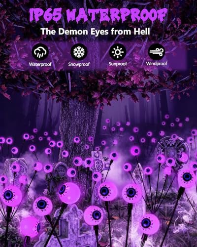 Solar Halloween Decorations Outdoor 6 Pack 36 LED Purple Eyeball Lights - Image 2