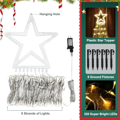 Christmas Lights, 320 LED String Lights with 12" Plastic Star Tree Topper, 8 Modes Outdoor Waterproof Christmas New Year Parties, Yard, Garden, Home Decor (Warmwhite) - Image 3