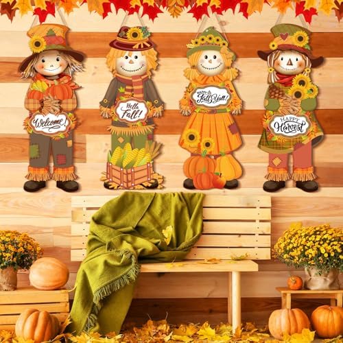 4 Pcs Outdoor Fall Thanksgiving Decoration for Home Scarecrow Decoration for Front Door 10 x 25.6 Inch Fall Hanging Decor Thanksgiving Wooden Scarecrow Wall Decor for Home Indoor Outdoor Porch Yard - Image 5