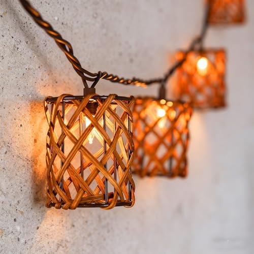 Decorative String Lights Plug in with 10 Incandescent Bulbs, Handwoven Rattan Cylinder-shaped Boho Lantern String Lights Connectable Weatherproof Outdoor Indoor for Bedroom Patio Pergola Decor (Brown) by TWINKVILLA