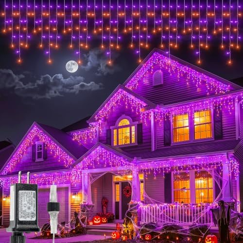 Halloween Icicle Lights Outdoor,300 LED Purple and Orange Lights by Qunlight