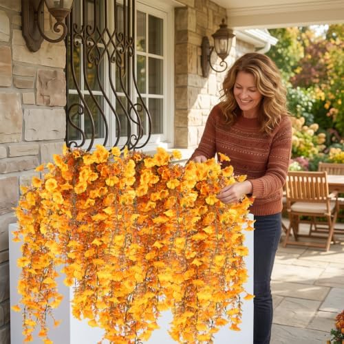 6 Pcs Fall Artificial Hanging Flowers for Outdoors, 30 Inch Golden Yellow Morning Glory Vines UV Resistant Fake Silk Hanging Plants for Garden Porch Patio Window Box Decor - Image 6