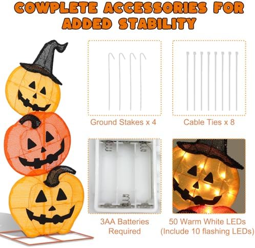 Halloween Lighted 3 Stacked Pumpkins, 39’’ H Pre-Lit Lighted Pumpkins with 50 Warm White Lights, Light Up Halloween Pumpkin Decoration for Indoor, Outdoor, Porch, Yard, Holiday Decor - Image 5