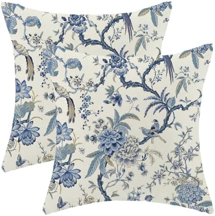 CXMEIFLY Spring Floral Birds Pillow Covers 22 x 22 Inch Set of 2 for Chinoiserie Flowers Decor Throw Pillows Blue and White Plant Outdoor Decorative Cushion Cases for Couch Bed Decorations by CXMEIFLY
