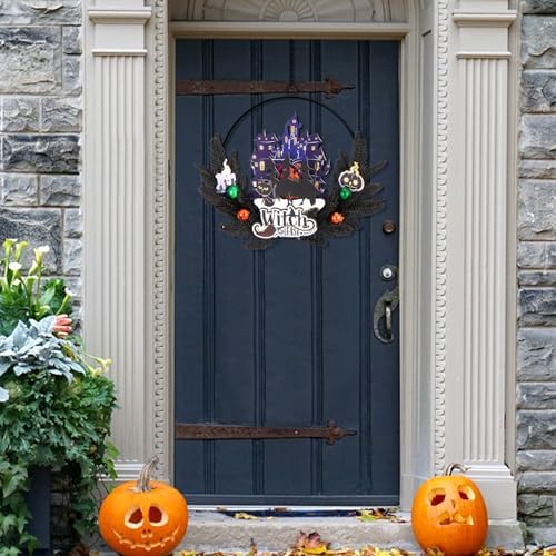 Pre-Lit Halloween Wreath for Front Door, Lighted Witch with 6H On/18H Off - Image 5
