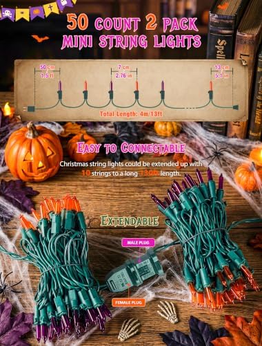 Hopolon Purple and Orange Halloween Lights,2PACK Total 100Count,Green Wire - Image 5