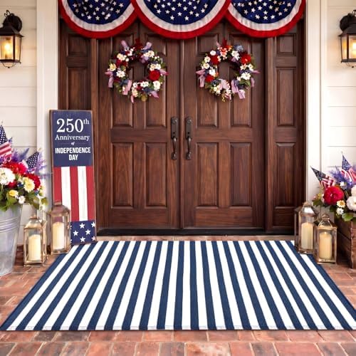 Moucuny 3' X 5' Narrow Navy and White Summer Vertical Stripe Outdoor Rug - Image 6