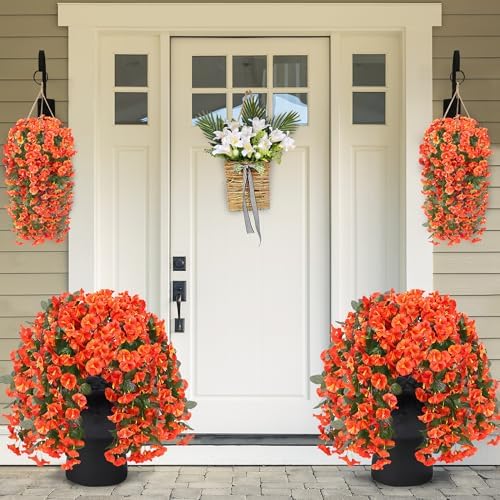 Sggvecsy Artificial Fake Hanging Flowers Plants for Outdoor Outside Spring Summer Decoration 2PCS Faux Silk UV Resistant Realistic Morning Glory Trailing Vines for Home Porch Patio Balcony(Orange) - Image 3