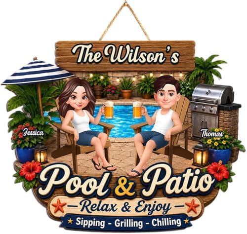 Personalized Welcome To Our Pool & Patio Wood Sign, Relax Enjoy Sipping Grilling Chilling Sign, Gift For Couple, Husband, Wife, Summer Porch, Patio, Bar Decoration by Unknown