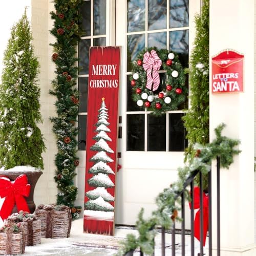 Christmas Porch Sign Christmas Tree Welcome Sign For Front Porch Xmas Snow Red wood grain Home Decor Indoor Outdoor Wooden Vertical Sign For Patio Front Door Porch Wall Yard - Image 6