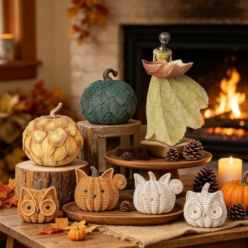 Fall Decor Animal Pumpkin Decorations – Squirrel Fake Pumpkin Resin Woven Design Animal Figurines for Table Shelf Mantel, Thanksgiving Halloween Decorations Gifts for Autumn Decor(Gold&White) - Image 5