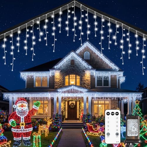 Icicle Christmas Lights Outdoor, 40Ft 432 LED Waterproof White Icicle Lights for Outside, 8 Lighting Modes Connectable String Light with Remote,Timer, 81 Drops Christmas Decorations for House Eaves by Brightown