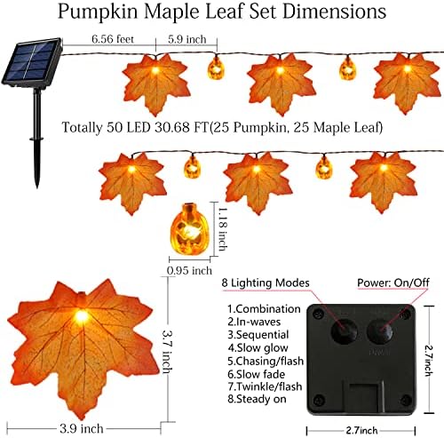 Fall Decor Solar Pumpkin Maple Leaf String Lights Outdoor, 50LED 30ft Fall Garland with Lights Waterproof Pumpkin Lights for Thanksgiving Halloween Autumn Door Porch Home Garden Decorations - Image 2