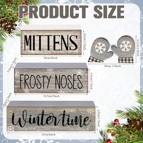 Lineshading 4 Pcs Winter Table Decorations Wooden Mittens Decor Winter Tiered Tray Decor Rustic Snowflake Mittens Block Signs Gift Farmhouse Christmas Centerpiece for Wonderland Party Kitchen Home - Image 3