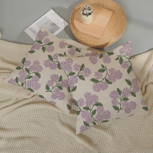 Purple Pink Spring Pillow Covers 18x18 Inch 2 Pcs Green Hydrangea Flower Decor Throw Pillows Vintage Floral Seasonal Summer Outdoor Decoration Pillowcase Linen Cushion Cover for Couch Sofa - Image 5