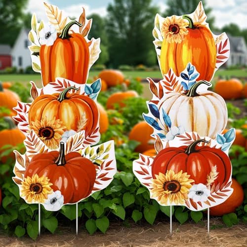AceOrbit 6 Pcs Fall Pumpkin Outdoor Decorations Fall Yard Stakes Thanksgiving Yard Signs with Sunflower for Home Decor Plastic 3 Stacked Pumpkins Outside Garden Lawn Porch Decorations by Unknown