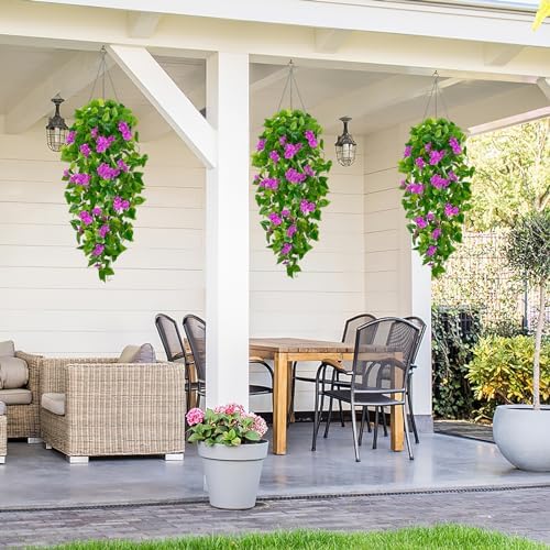 BLEUM CADE Artificial Hanging Flowers for Outdoors, 2pcs Fake Hanging Plants Pothos Vines with Purple Flowers for Wall Home Living Room Indoor Outdoor Decor (No Baskets) - Image 5
