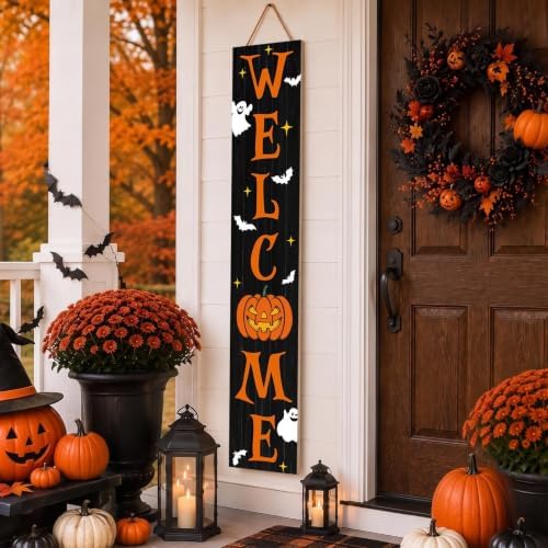 Welcome Porch Sign, Wooden, 47.2", Outdoor Front Door, Spooky Ghost - Image 4
